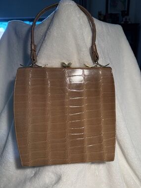 Vintage Croc-Embossed faux leather Top-Handle Satchel in Brown with gold accents